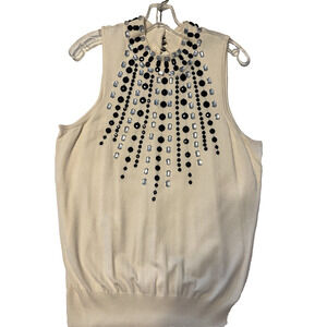 Lane Bryant 14/16 Cream Sleeveless Mock Neck Beaded with Black/Crystals-Vintage